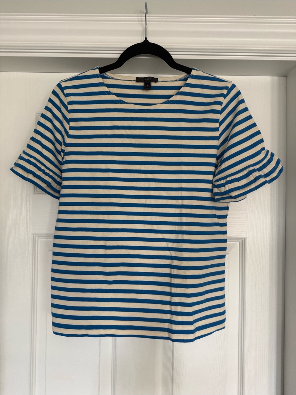 J. Crew Blue and White Striped Ruffle Sleeve Tee